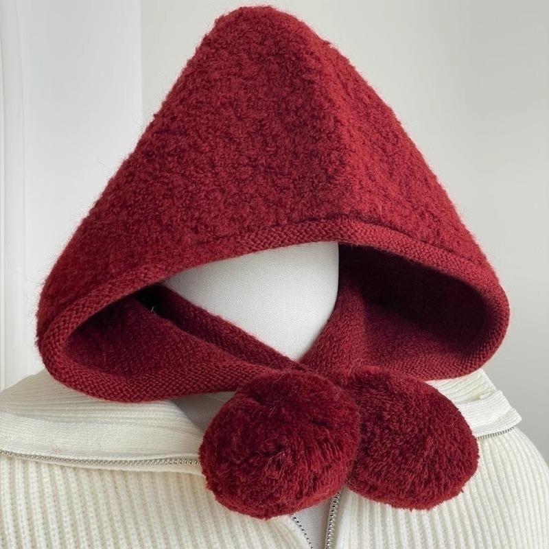 

Wool Balaclava Women s Face Revealing Small Ear Protection Fur Ball Knitted Wool Hat Winter One size