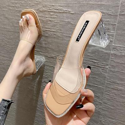 Porter des chaussures à talons hauts transparentes Été Nouvelles pantoufles à talons hauts à bout carré avec sandales transparentes pour femmes