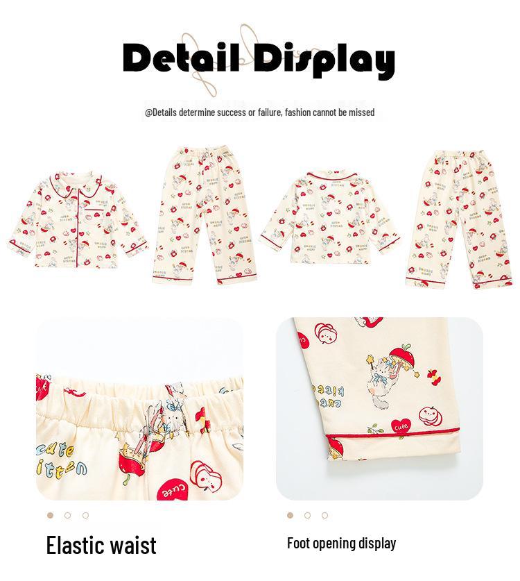 Girls' Cute Apple Pajama Set, Spring/Autumn 2025 - Pure Cotton, Long Sleeve & Pants, Cartoon Design Homewear