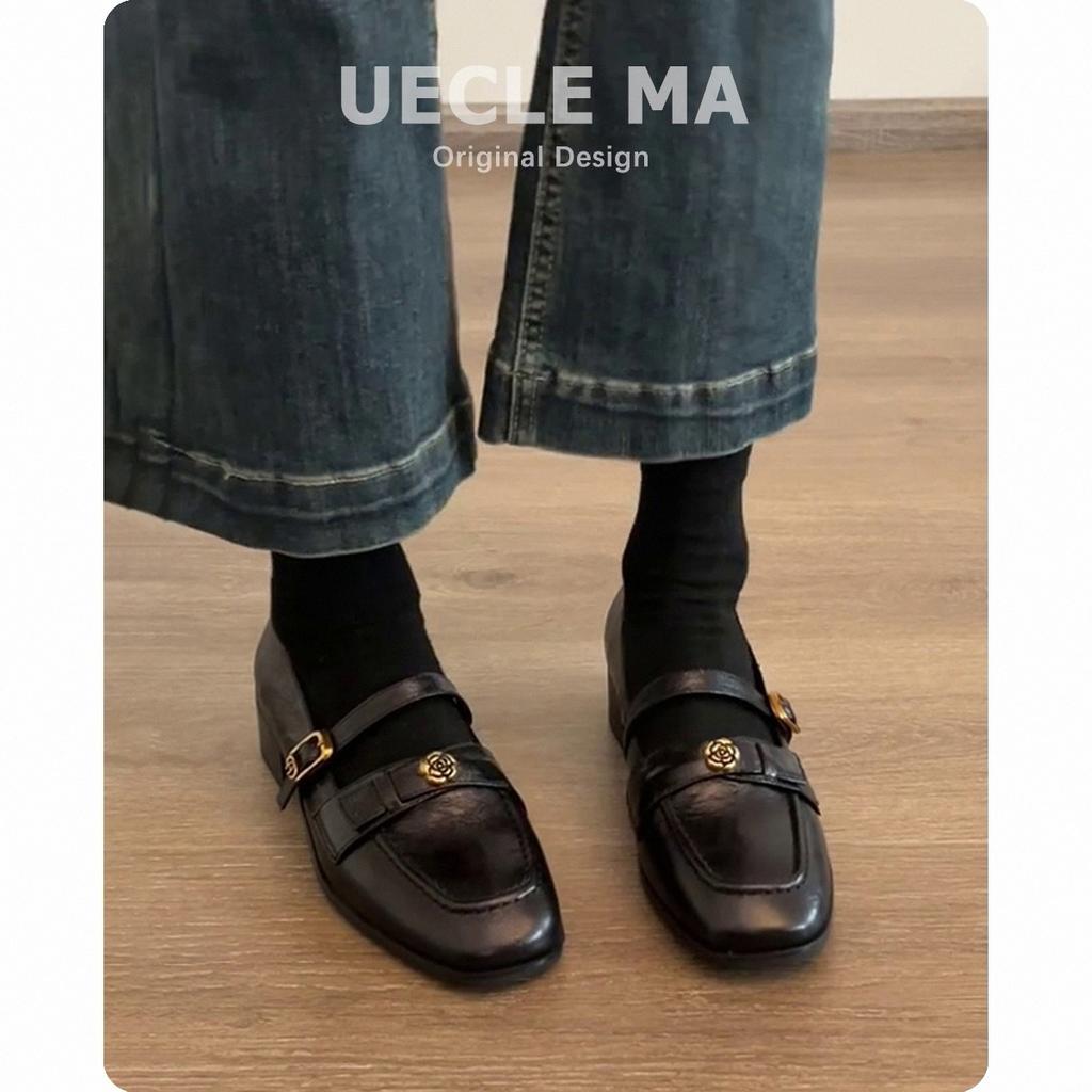 Cowhide version~ Genuine leather retro French single shoes women's thick heel with one-word buckle Mary Jane shoes commuter camellia leather shoes