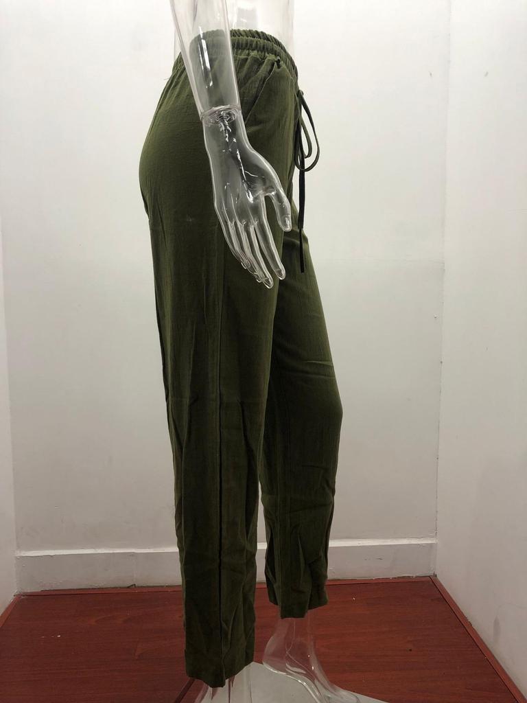2026 Spring/Summer Women's Solid Color Cotton Linen Drawstring Wide-Leg Casual Pants