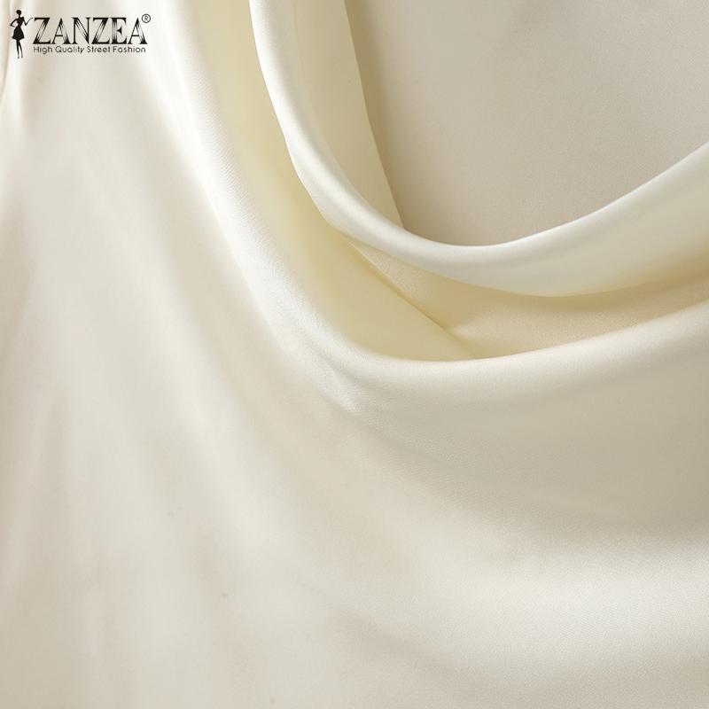 ZANZEA Dámské vintage saténové halenky s dlouhým rukávem a klopou a nepravidelným lemem