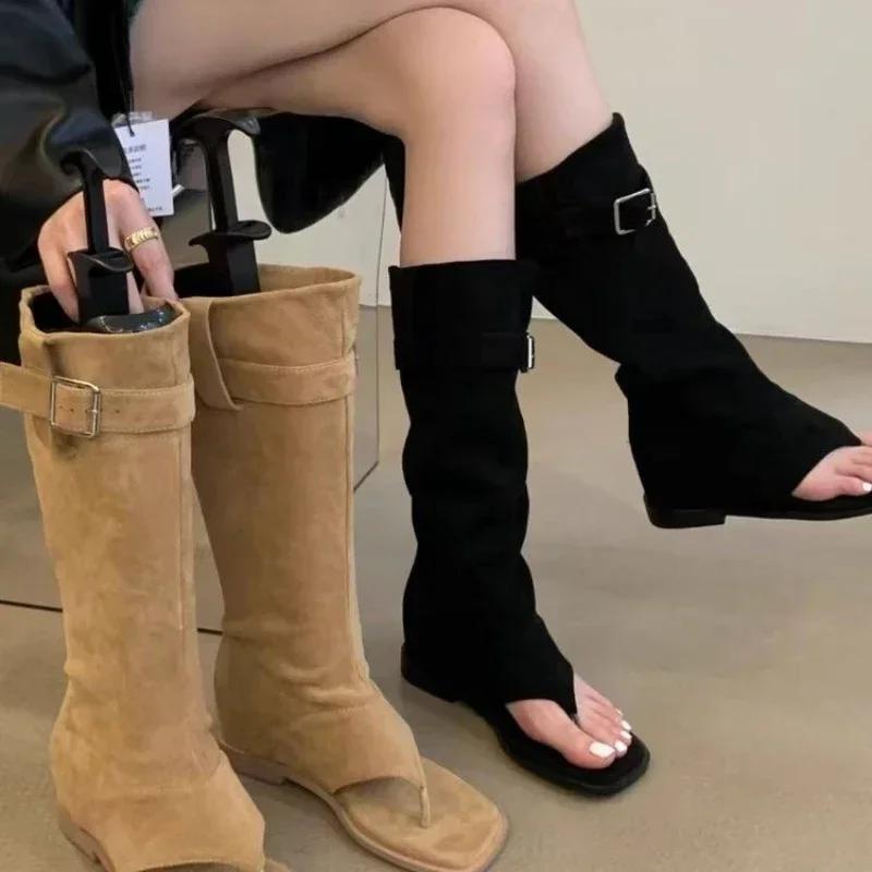 Designer Dammode Stövlar Sandaler med öppen tå Lyxig mocka Höga Romerska sandaler Utomhus Mångsidiga Dam Knähöga Stövlar