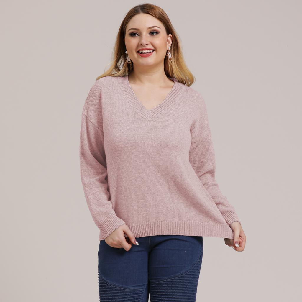 Autumn and Winter Plus Size Women's Solid Colour Simple Woven V-neck Pullover Jumper
