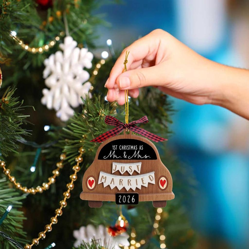 Wedding Gifts for Couples 2026 Newly Married Hanging Car Ornament Gift with Buffalo Plaid Bow Tie Just Married 3.9" Rustic Bridal Shower Decor for