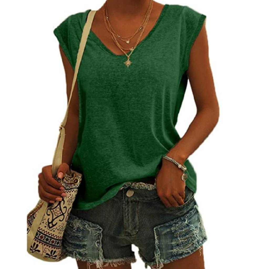 Women's Fashion Solid Color Cap Sleeve V Neck Casual Loose Short Sleeve T-Shirt Top