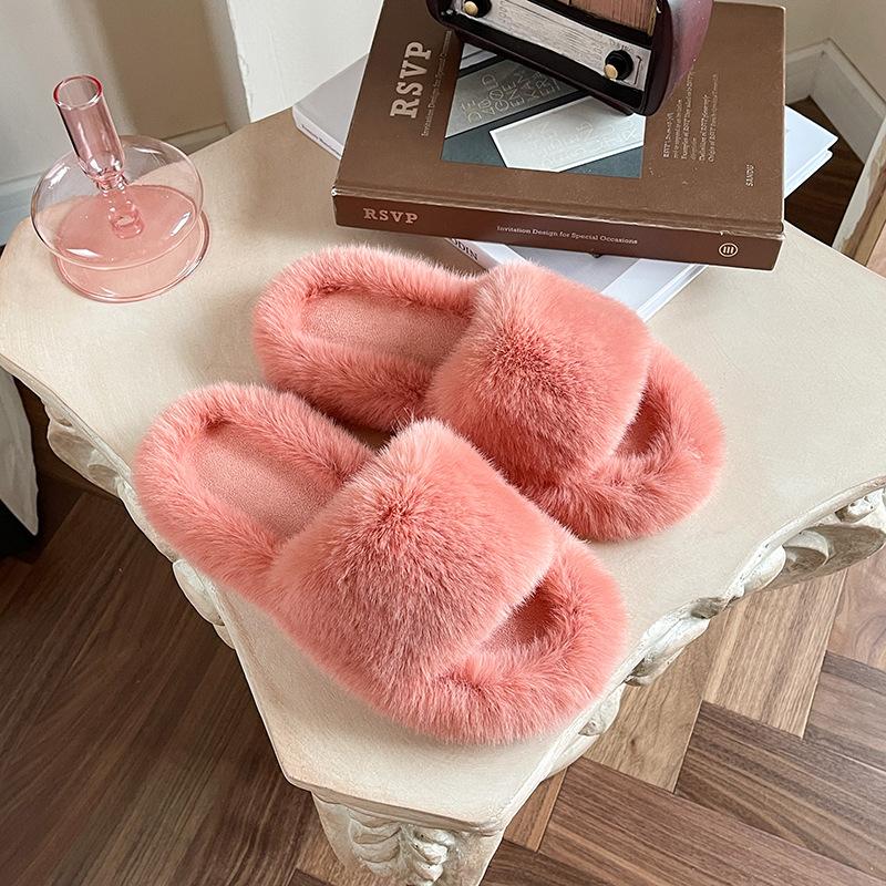 Height-increasing thick-soled fluffy slippers women's autumn and winter outer wear fluffy shoes one-word ins home home plush drag spring and summer