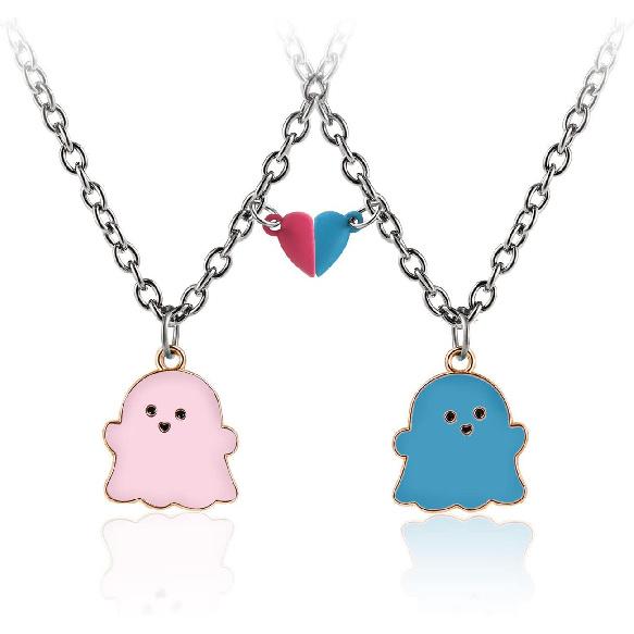 2Pcs Lovely Magnetic Love Heart Ghost Pendant Necklace Set for Women Men Best Friend Enamel Mutual Attract Magnet Couple Matching Necklace Halloween