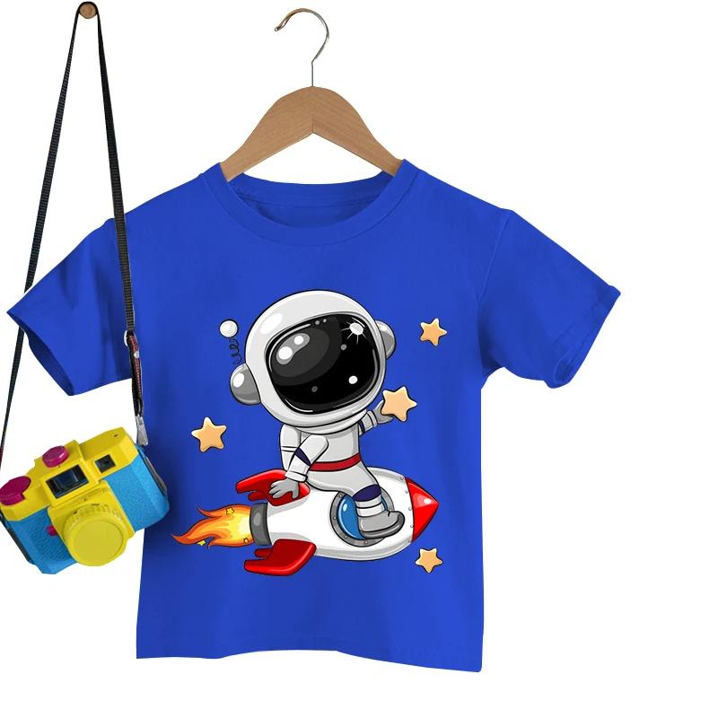 Astronaut On The Rocket Print T Shirts Kids Short Sleeve Tshirt Cartoon Astronaut Boys Girls T-shirt Summer Tee Shirt Tops
