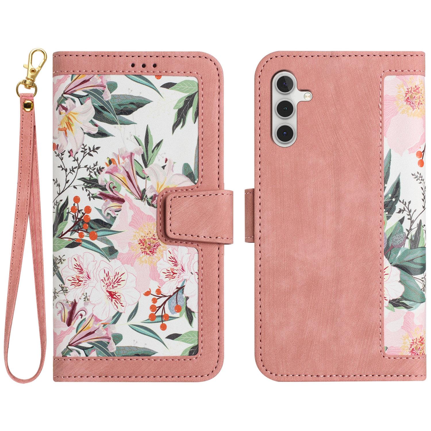 

For Samsung Galaxy A05s 4G Phone Case PU Leather Card Holder Flower Pattern Pink