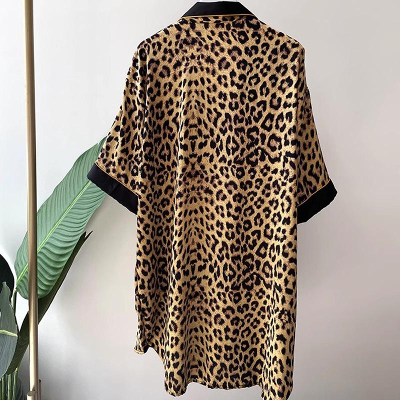 Pajamas Women's Summer Thin Ice Silk Sexy Pajamas Boyfriend Wind Large Size Leopard Print Shirt Skirt Can Be Worn Outside Loungewear