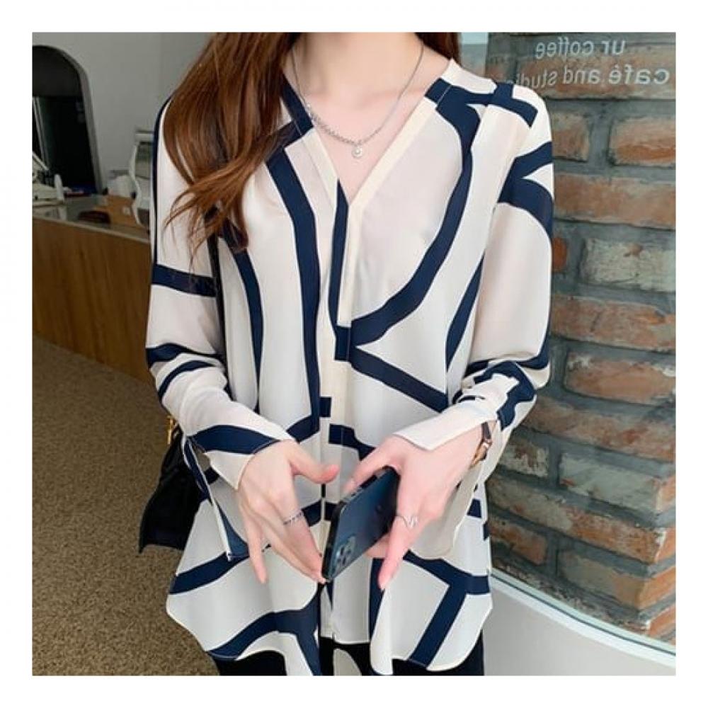 NaVaVa Women Vintage Line Point V Neck Long sleeVe Blouse Nb1957