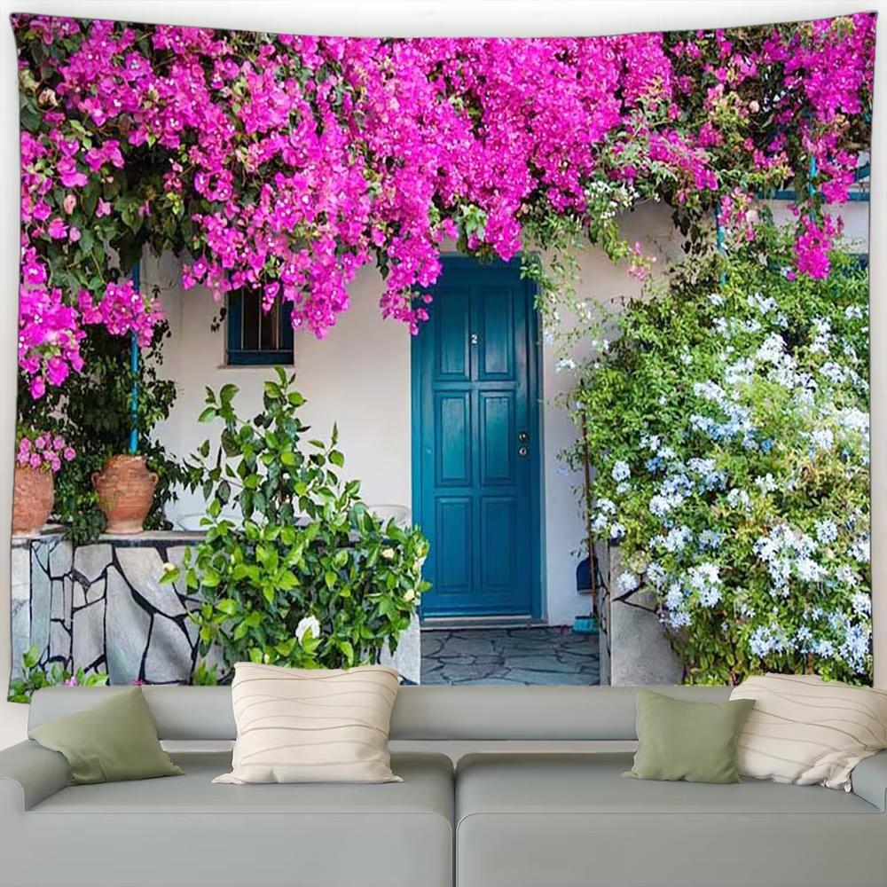 Street Flower Scenery Tapestry Vintage Blue Wooden Door Floral Plants Nature Landscape Home Garden Decor Wall Hanging Picnic Mat