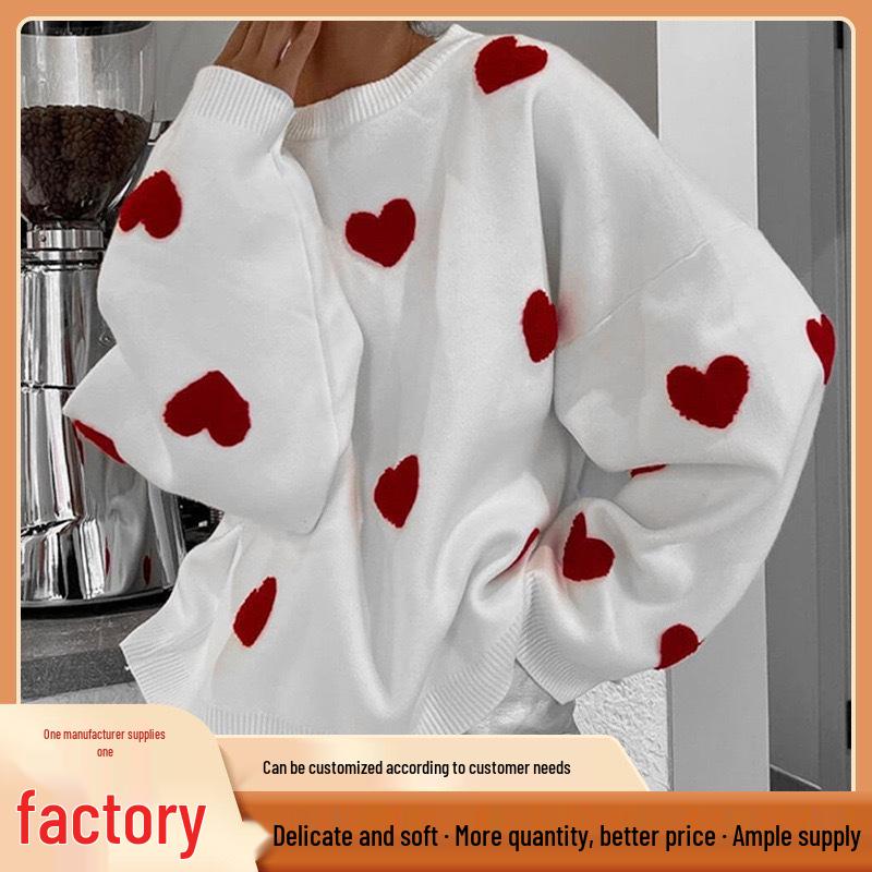 European Style Heart Embroidered Knit Pullover - Women's Round Neck, Long Sleeve, Loose Fit, Versatile Casual Top