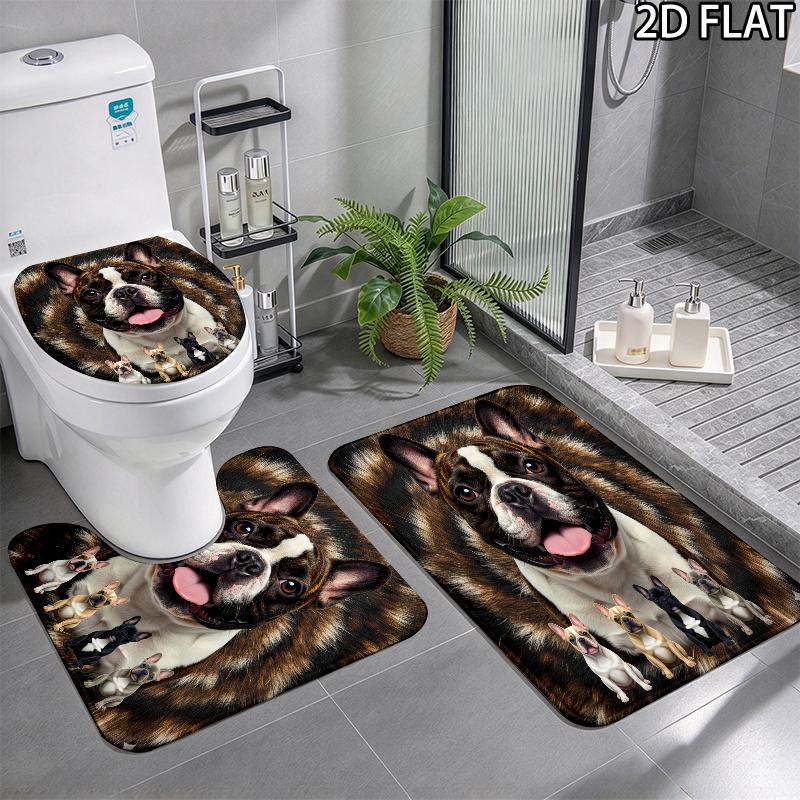 French Bulldog Pattern 3Pcs Bathroom Rug Set, Non Slip Absorbent Bath Mat, Contour Mat & Toilet Lid Cover, Bathroom Decor