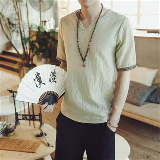 

Мужская летняя корейская футболка из хлопка и льна с V-образным вырезом и коротким рукавом — дышащая, универсальная, модная, с коротким рукавом для больших размеров 3XL 165-175 jin