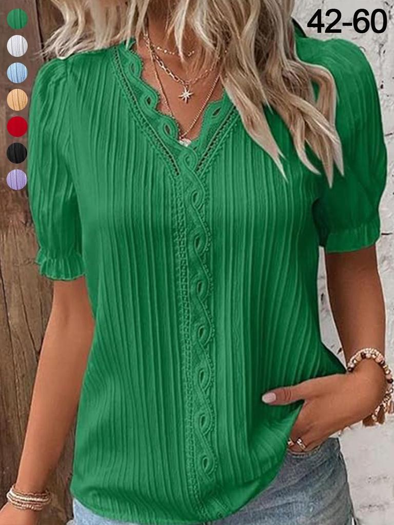 Women's Hollow Out Short Sleeve Blouse Lightweight Breathable Top Casual Summer Shirt with V Neck and Puff Sleeves Suitable for Daily Wear
