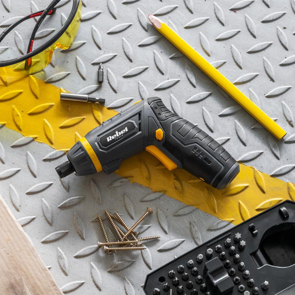 4V Rebel Cordless Screwdriver Set 54 Bits Magnetic Adapter