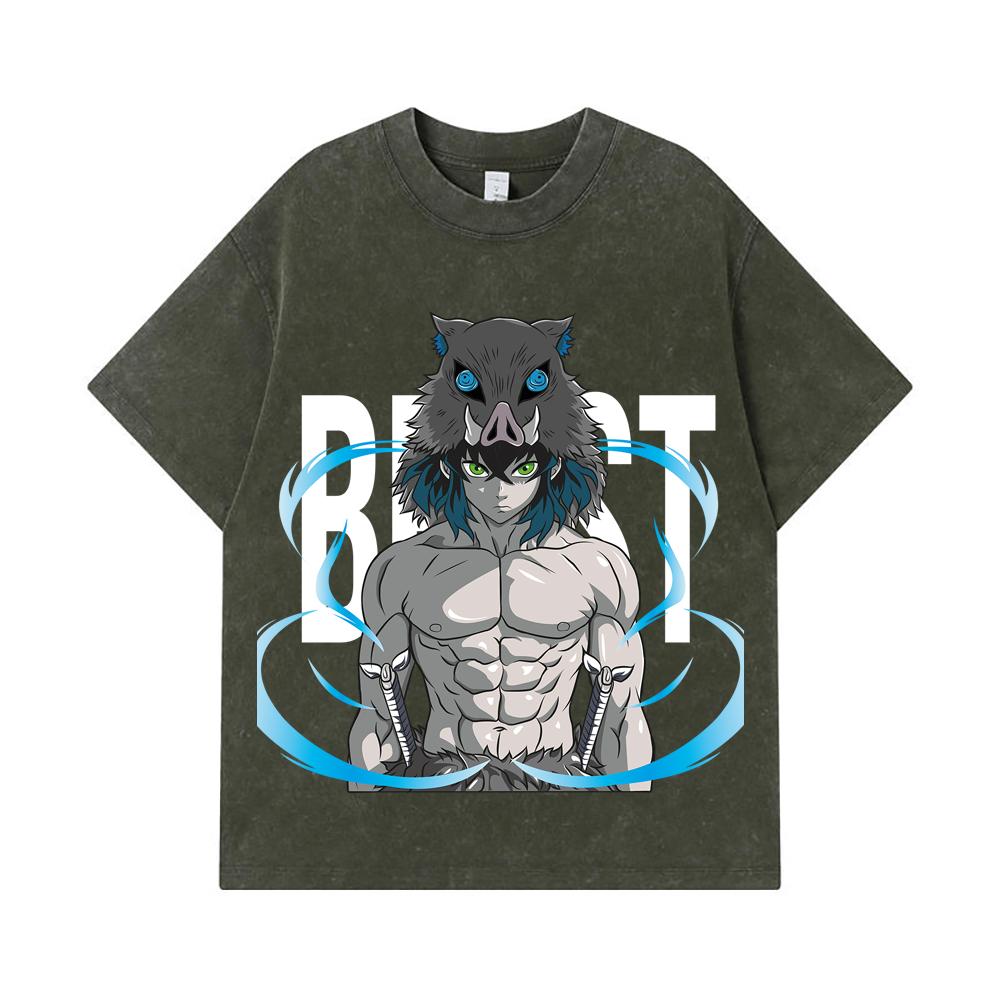 

275 GSM Washed T-shirts 100% Cotton Demon Slayer V113 Inosuke Print Unisex Heavy Cotton T Shirt S армия зеленый