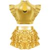 Girls Jazz Dance Outfit Mock Neck Rhinestone Adorned Mesh Patchwork Sleeveless Metallic Ruffle Crop Top