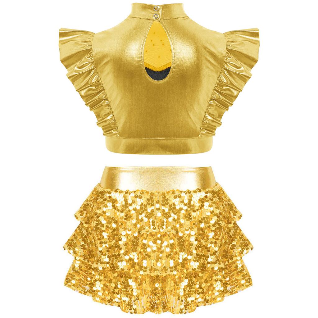 Girls Jazz Dance Outfit Mock Neck Rhinestone Adorned Mesh Patchwork Sleeveless Metallic Ruffle Crop Top