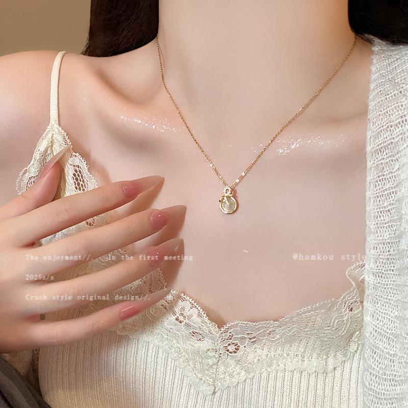 Bow opal pendant, titanium steel necklace, women s niche collarbone chain, new accessories