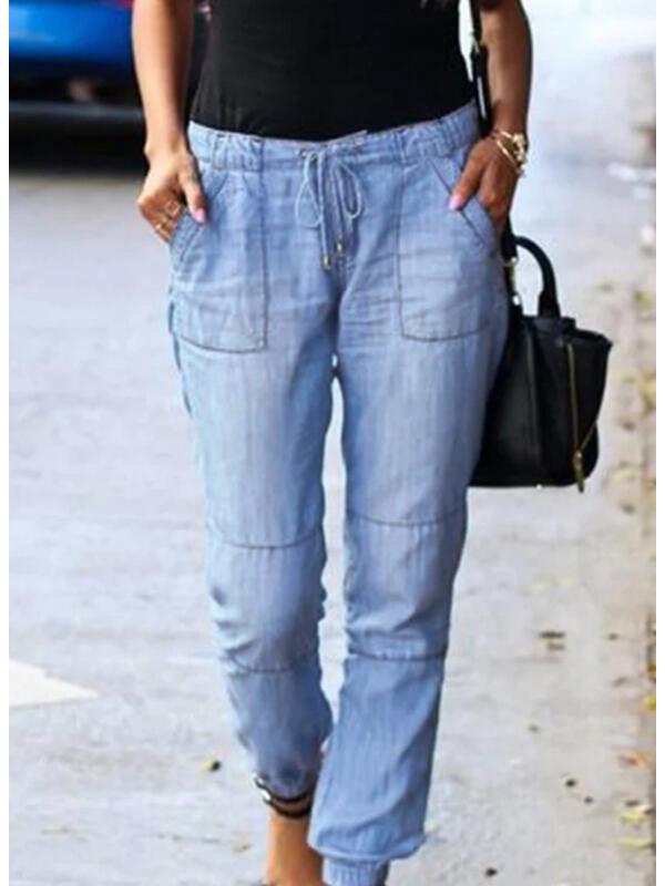 

2023 Women s Casual Elastic Waist Light Blue Denim Pants - European & American Style S світло-синій колір