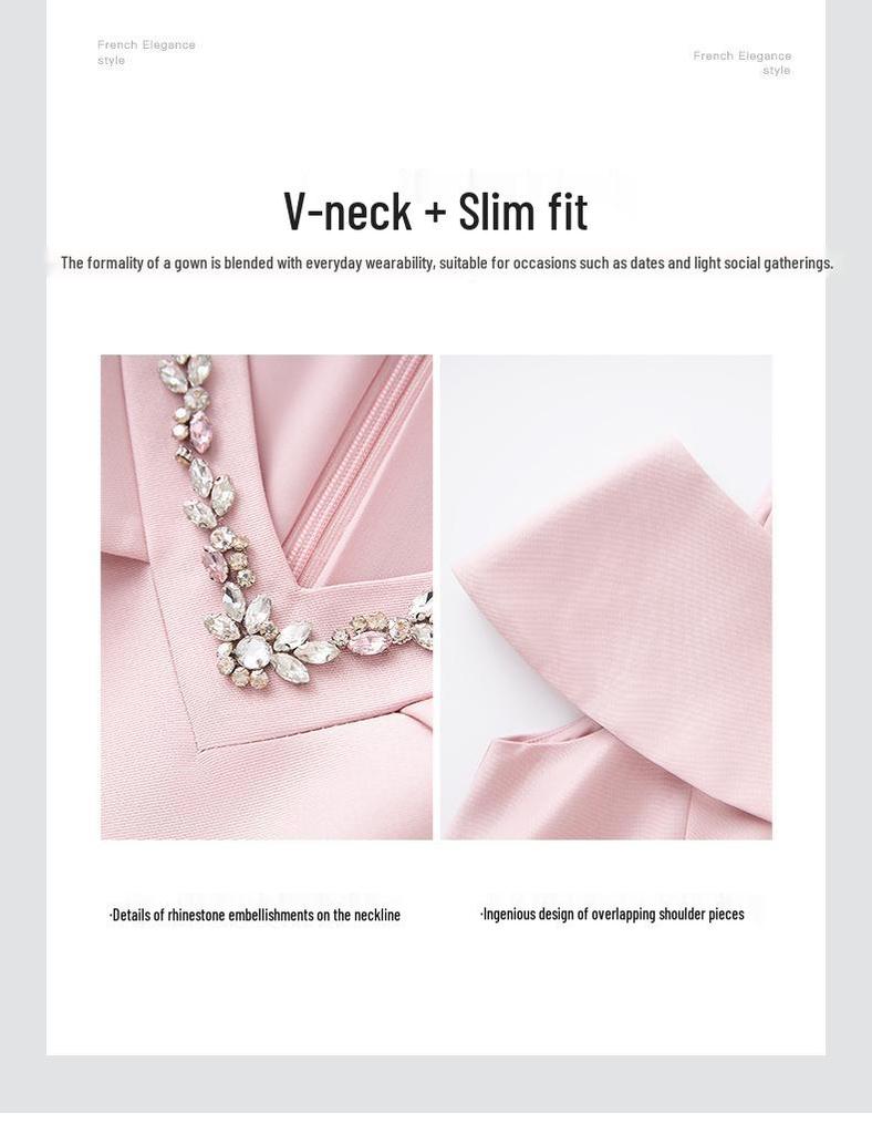 Elegant French V-Neck Off-Shoulder Summer Evening Dress - Light Luxury Studded Waist-Hugging Design