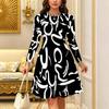 Women Long Sleeve Round Neck Midi Dress Vintage Geometric Stripe Floral Plum Blossom Dot Print Flared Casual Dress