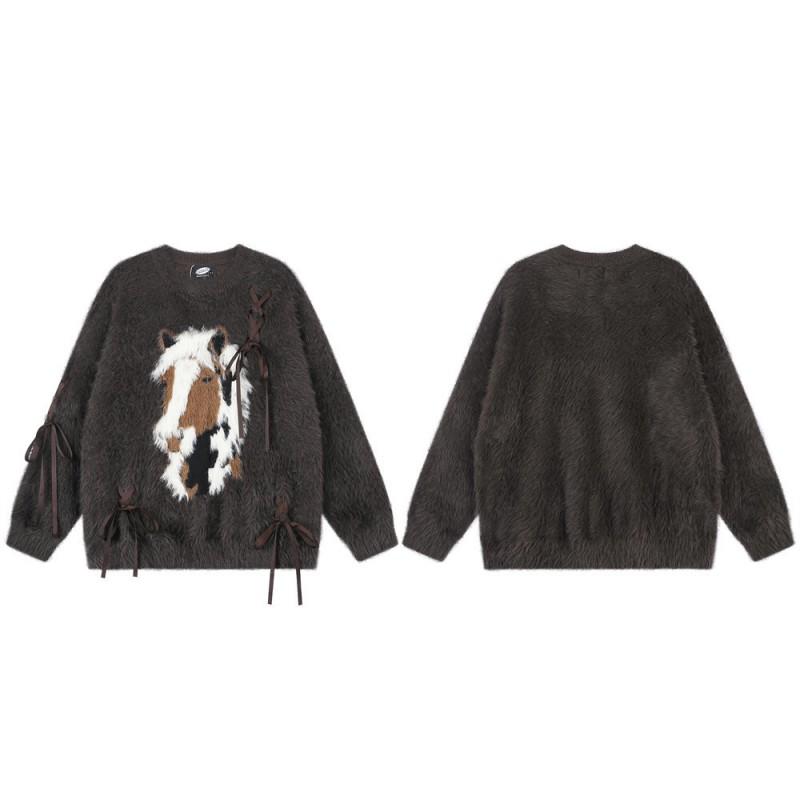 Mens Faux Mink Knit Sweater Loose Fit Round Neck Butterfly Detail Streetwear Fall Winter