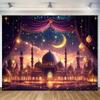 2D Elegant Islamic Tapestry, Night Mosque with Golden Lanterns
