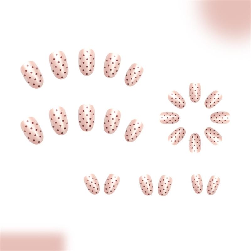 24 Pieces Short False Nail Glossy Oval Coffee Dots Full Cover Press On Nail Fashion Nail Decoration for Daily Party Wear