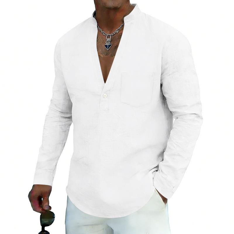 Mens Loose Stand Collar Long Sleeve Breathable Casual Linen Shirt S белый