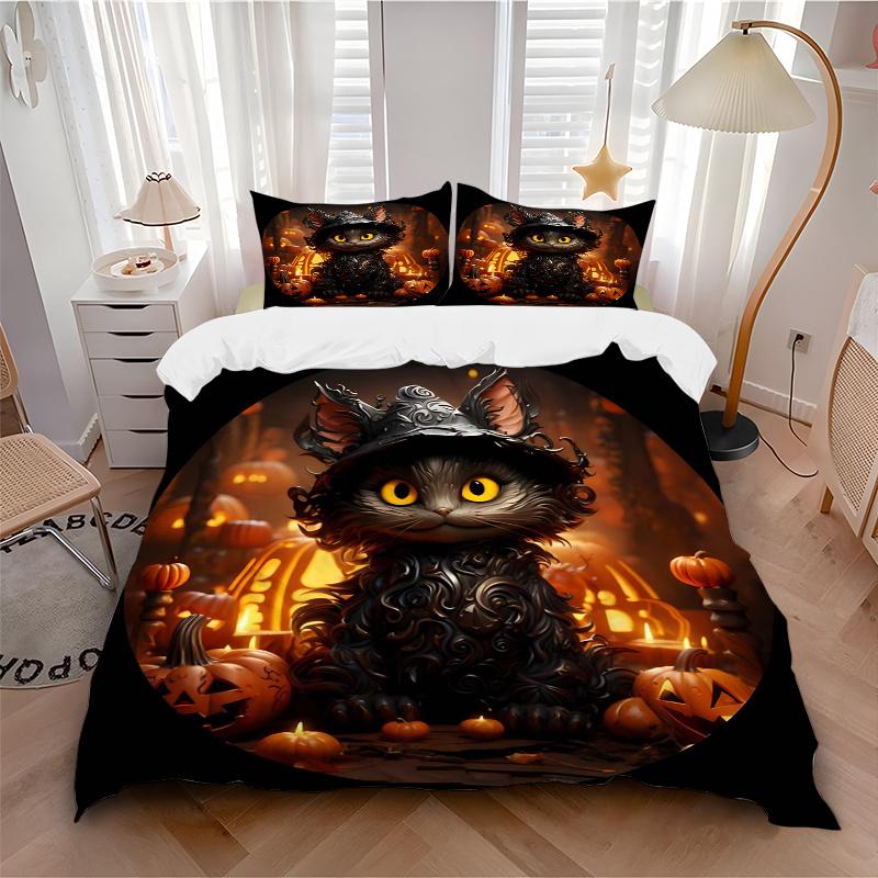 3pcs Handsome Black Cat Halloween Pattern Bedding Set, 1* Cover + 2*Pillowcases, Printed Bedding Set, Soft and Comfortable, Suitable for Bedroom