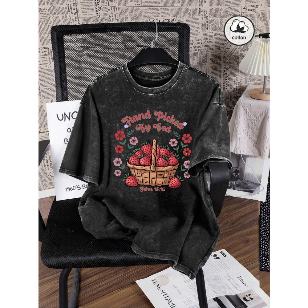 

Hand Picked Strawberry Flowers Printed Washed T-Shirt Woman Cotton Summer T Shirts Sport Clothes Loose Short Sleeve S