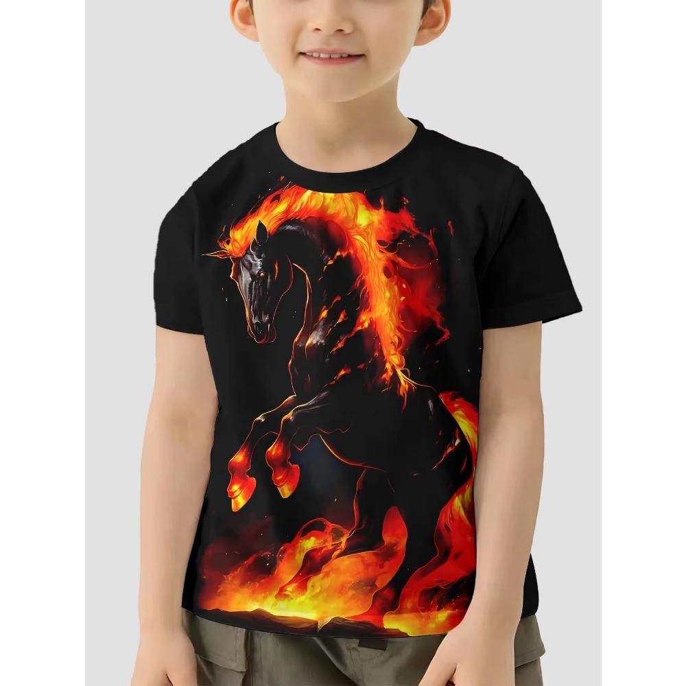 

Детская одежда Футболка с коротким рукавом для мальчиков Модная Трендовая Крутая с 3D-рисунком лошади Летняя Повседневная Мальчиковая Футболка с круглым вырезом 140