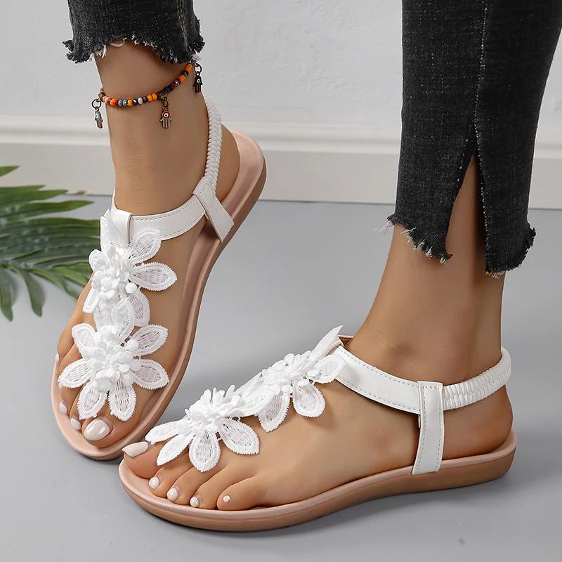 White Floral Sandals Women's Clip Toe Sandals Flat Women Summer Casual Shoes Bohemia Flowers Slip On Beach Ladies Shoes