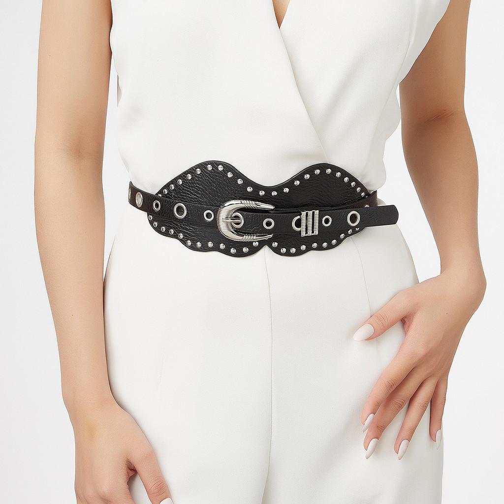 Faux Retro Trendy Leather Belt With Metal Pin Closure Bold Decorative Elements