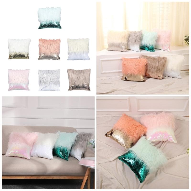 Fashion Long Furs Sequins Patchworks Decorative Cushions Cover Bling Embroidered Square Pillow Cover Cushions Case