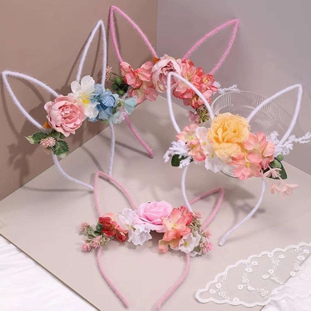 Artificial Flower Rabbit Ears Headband Forest Bunny Ears Hair Hoop Easter Garland  Party Supplies