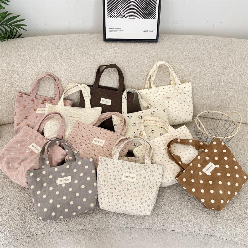 Corduroy Floral Handbag, Simple Tote Bag for Work, Lunch Bento Bag, Shopping Bag