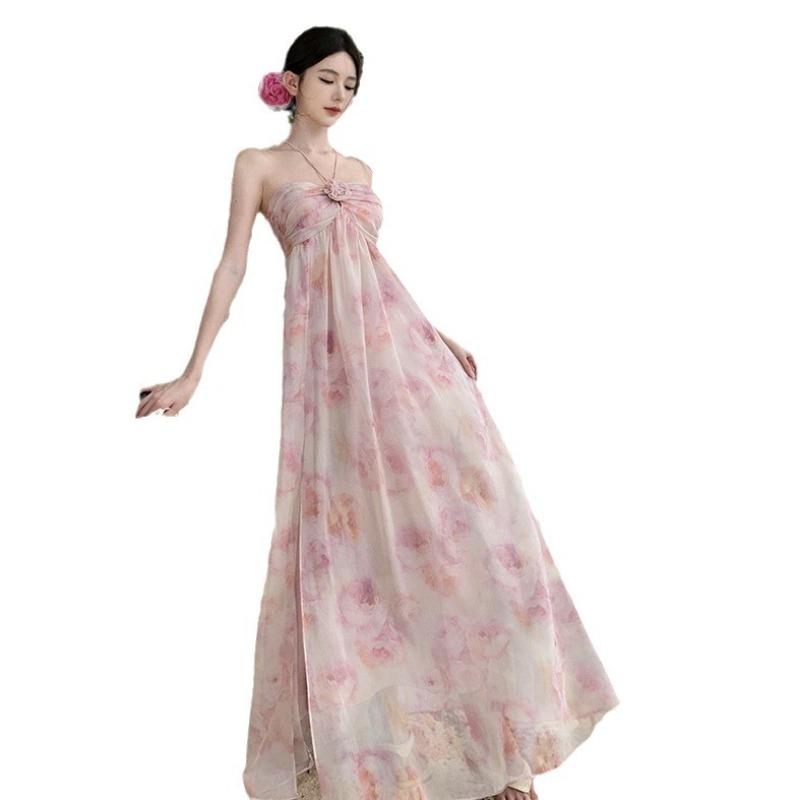 French Floral Neck Fairy Vacation Dress Sexy Backless Seaside Beach Photo Long Dress Woman