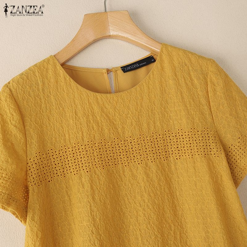 ZANZEA Women Patchwork Casual Round Neck Summer Short Sleeve Dress