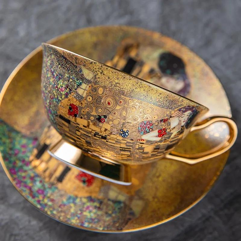 Bone China Coffee Mug Set, Ceramic Tea Set, Klimt Kiss, Luxury Gifts, Porcelain Drinkware, Tea Cups with Spoon Tray, Gift Box