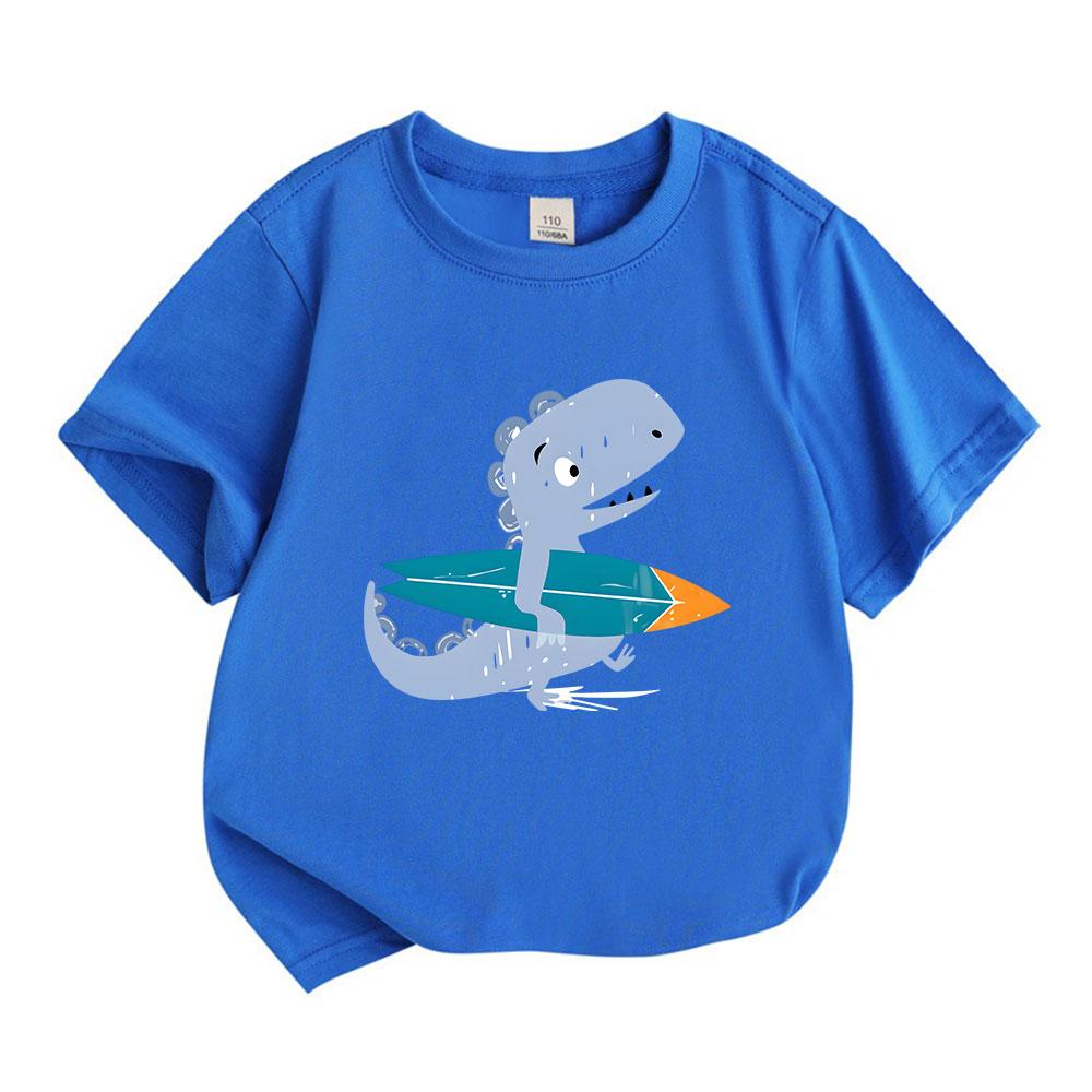 Toddler Kids Boys Girls 100% Cotton Crew Neck Short Sleeve T-Shirt, Cute Surfing Dinosaur Graphic Casual Lightweight Tees for Summer Daily Holiday Bea