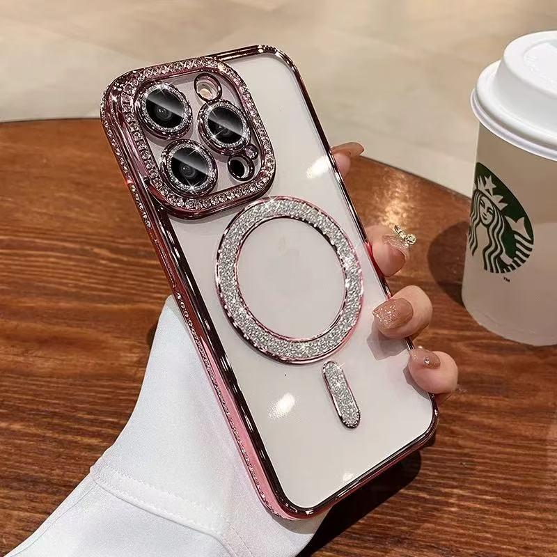Custodia per Telefono Magnetica con Diamanti Scintillanti per iPhone 15 Pro Max Ricarica Wireless