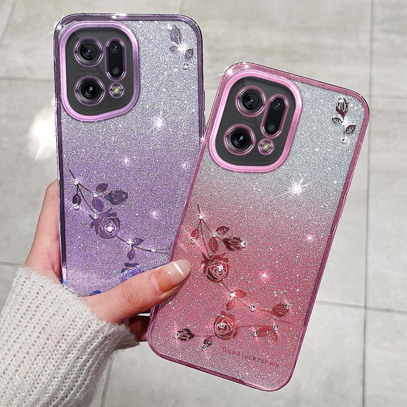 KADEM TPU Phone Case for Oppo Find X5,Flower Pattern Rhinestone Gradient Color Glitter Powder Back Cover
