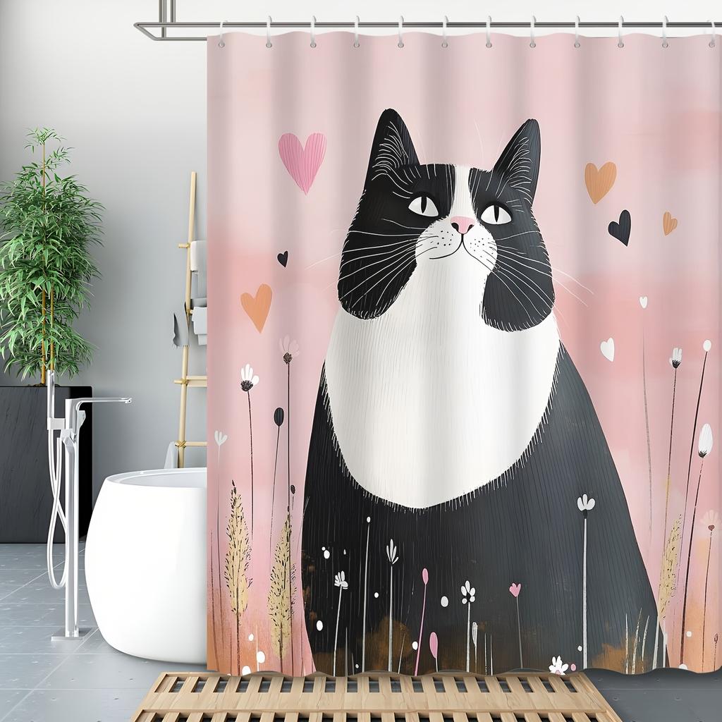 Whimsical Cat Shower Curtain: Adorable Feline With Hearts For A Playful Bathroom Decor