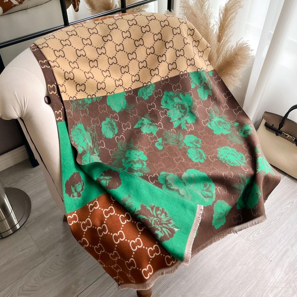 Short Beard Tassel Korean Version Of The Letter Camellia Splicing Fashion Versatile Confident Women Imitation Cashmere Thickened Scarf