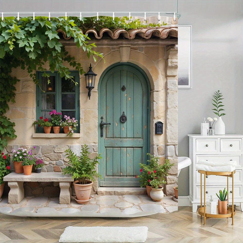 

Rustic Cottage Shower Curtain Weathered Turquoise Door Vintage Lantern Flowers European Style Polyester Washable with Hooks W90xH180cm
